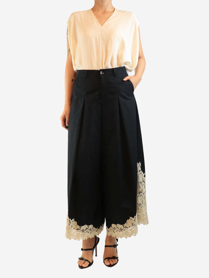 Black lace-trim wide-leg trousers - size S