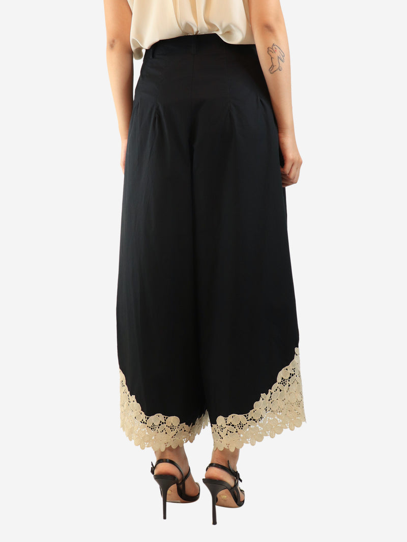 Black lace-trim wide-leg trousers - size S