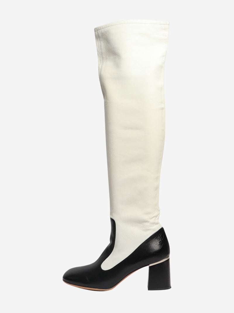 White two tone leather knee high boots