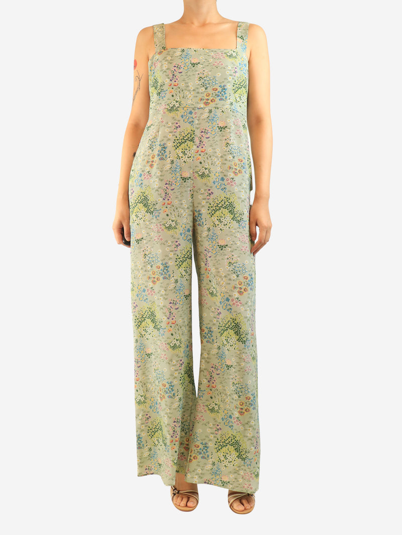 Green silk sleeveless floral printed jumpsuit - size UK 10