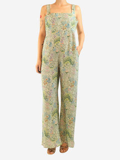 Green silk sleeveless floral printed jumpsuit - size UK 10