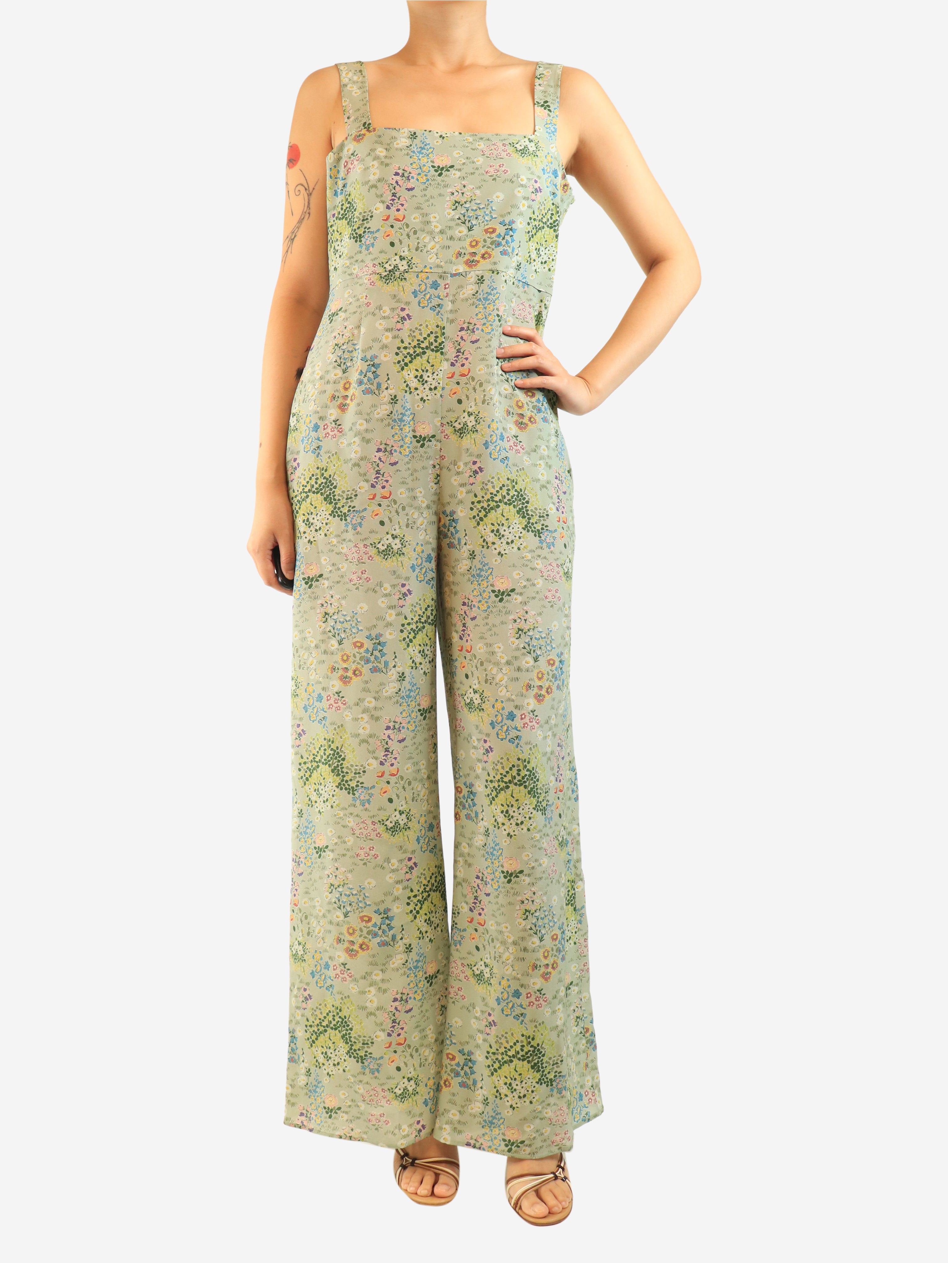 Green silk sleeveless floral printed jumpsuit - size UK 10