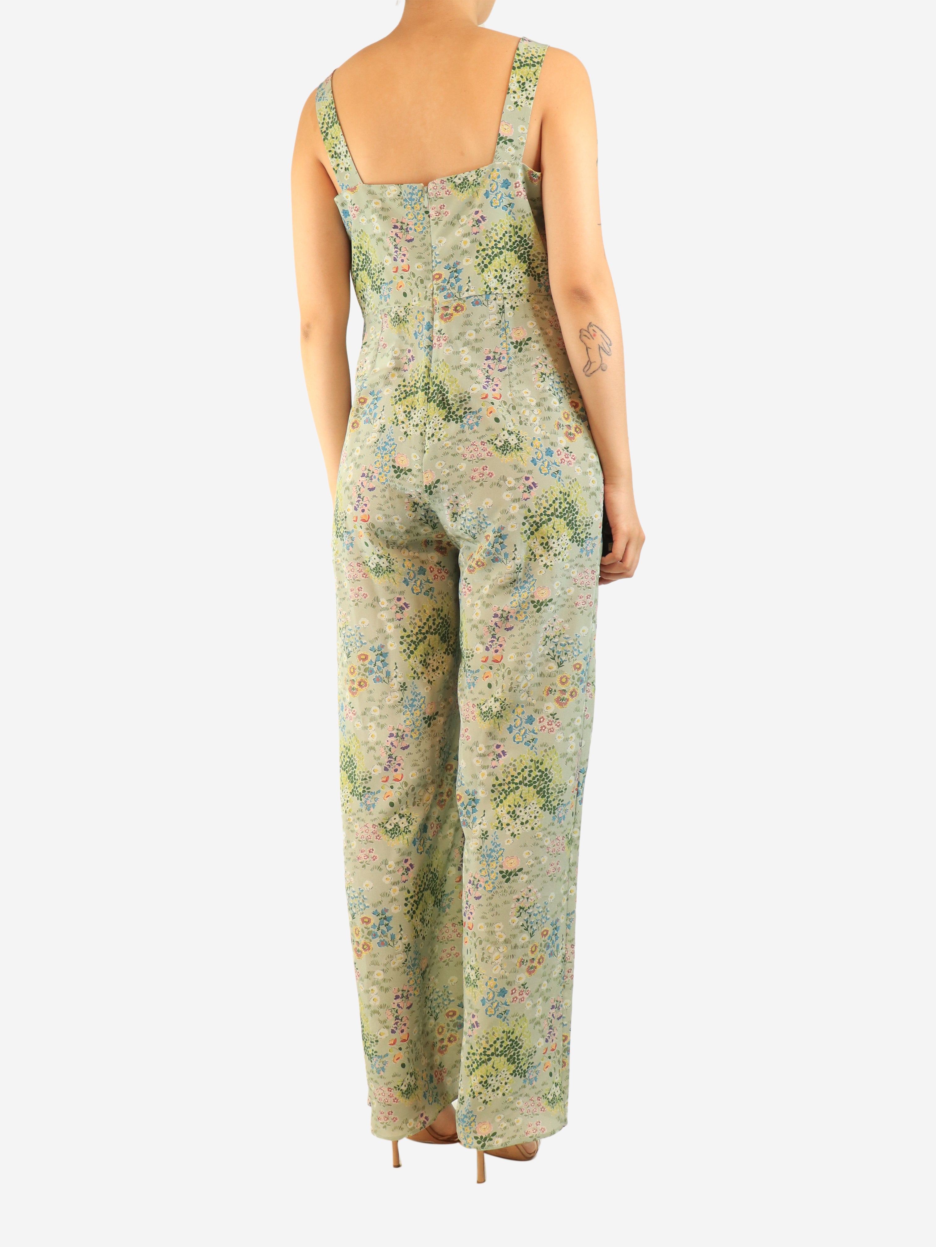 Green silk sleeveless floral printed jumpsuit - size UK 10