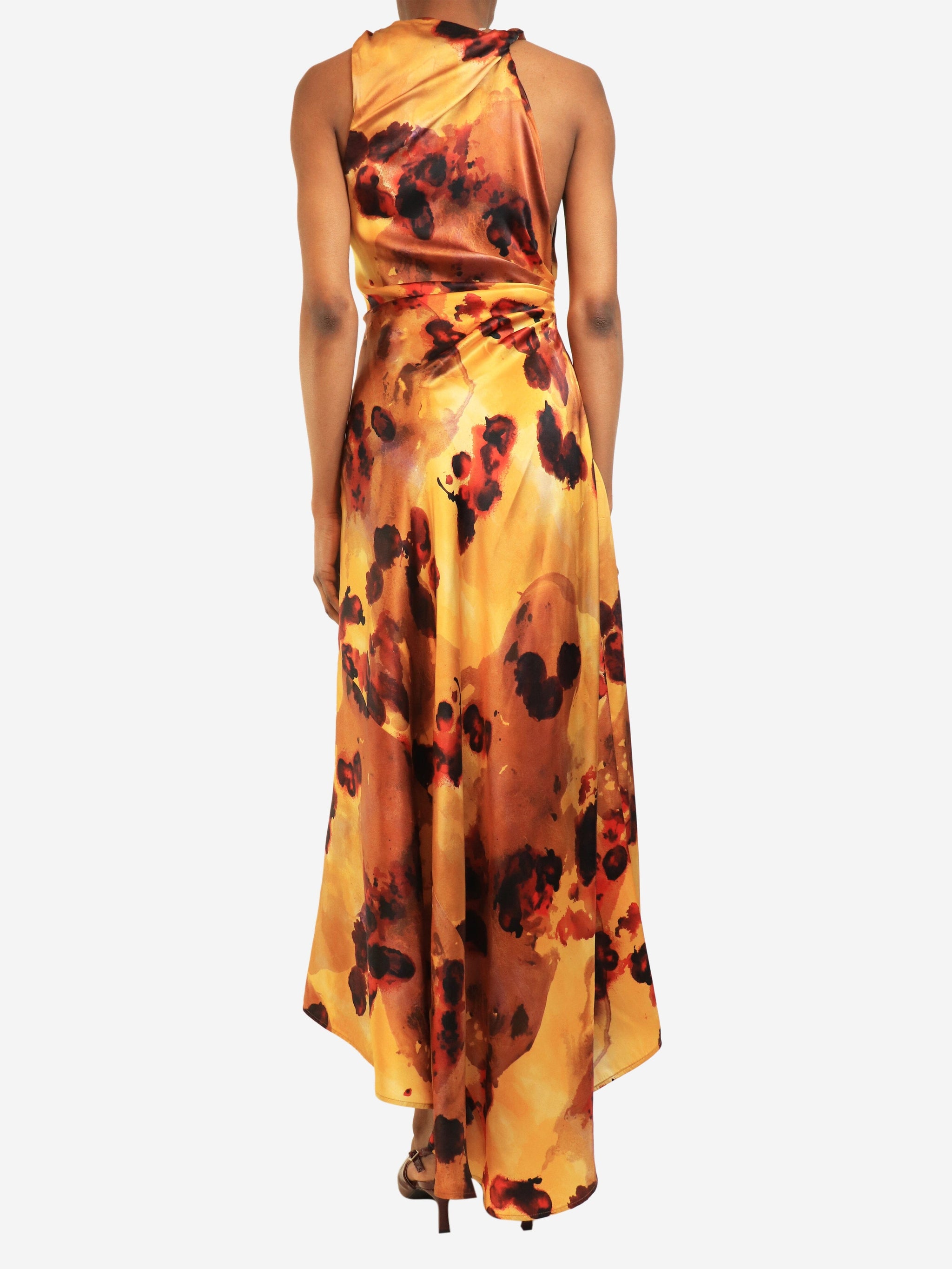 Victoria Beckham pre-owned gold gathered lace-trimmed silk satin gown -  size UK 6
