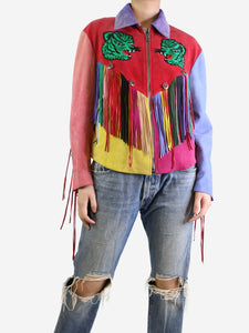 Gucci Multicoloured tiger embroidered fringed suede jacket - size UK 14