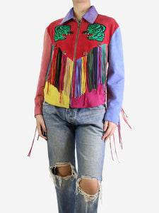 Gucci Multicoloured tiger embroidered fringed suede jacket - size UK 14