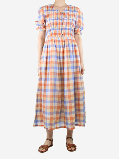 Orange and blue checkered ribbon-front midi dress - size UK 8 Dresses Rejina Pyo 