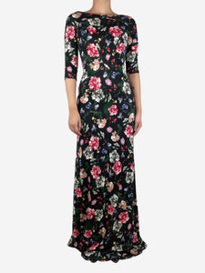 Erdem Black floral-printed jersey maxi dress - size UK 10