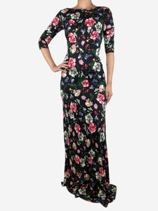 Erdem Black floral-printed jersey maxi dress - size UK 10