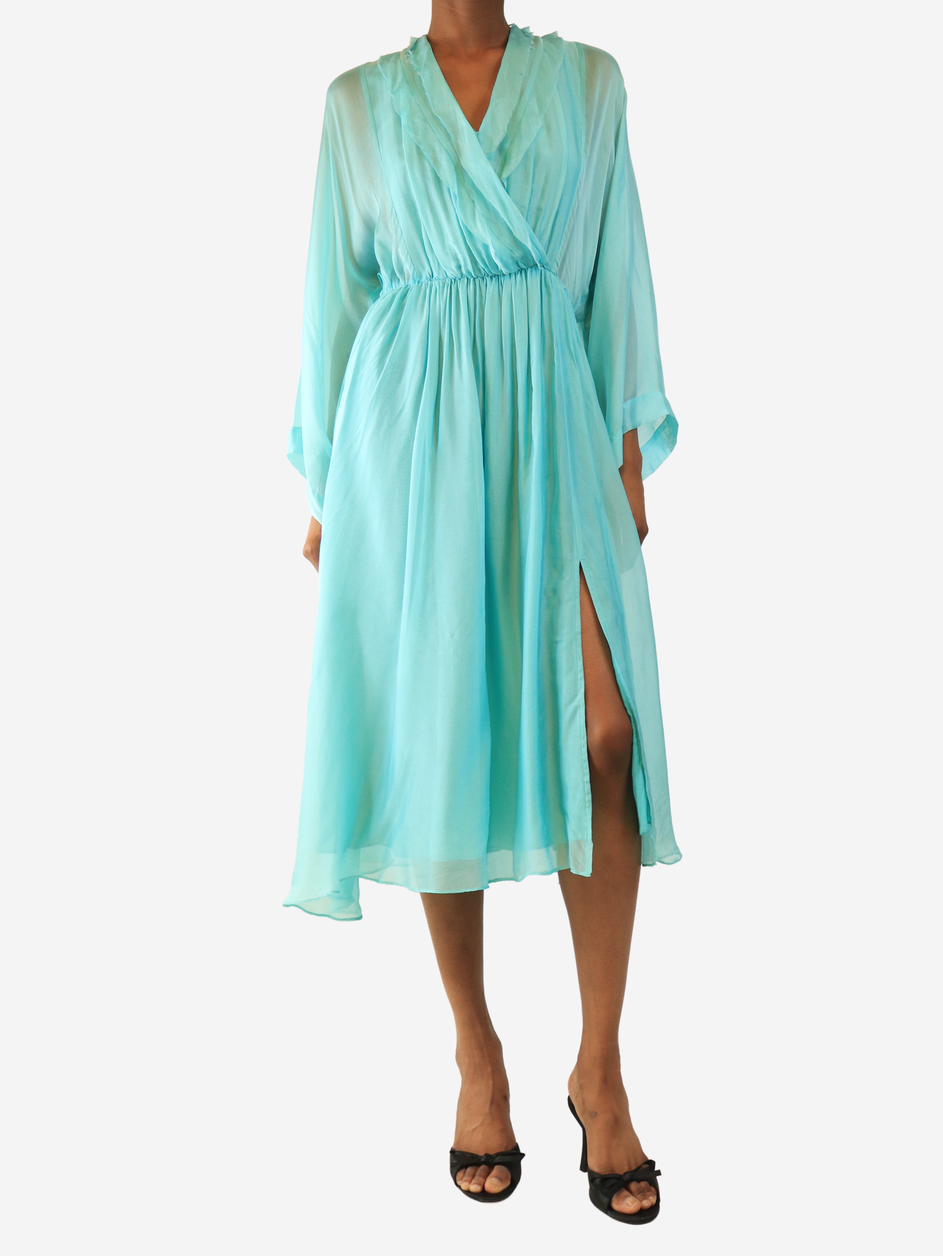 Teal satin ruffled midi dress - size UK 6