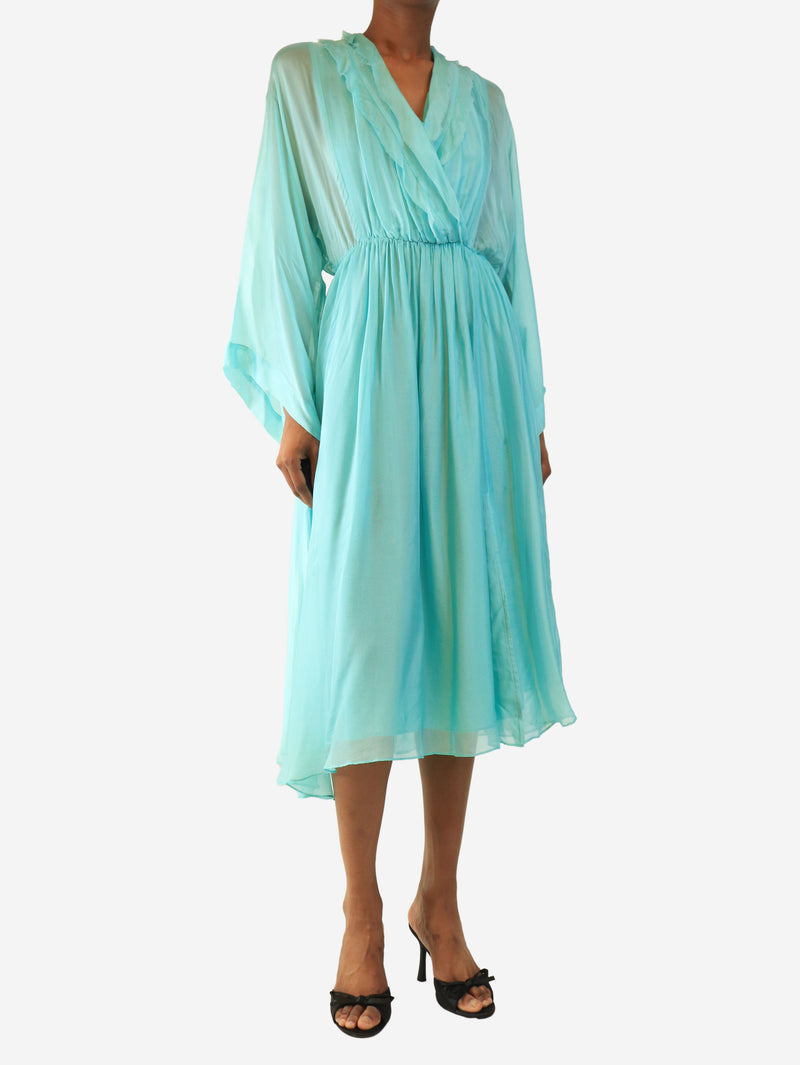 Teal satin ruffled midi dress - size UK 6