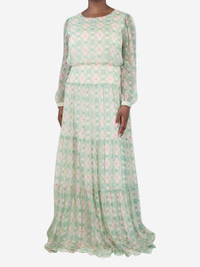 Saloni Green silk printed maxi dress - size UK 14