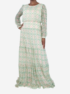 Saloni Green silk printed maxi dress - size UK 14