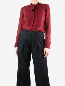 Christian Dior Burgundy silk neck-tie blouse - size UK 8