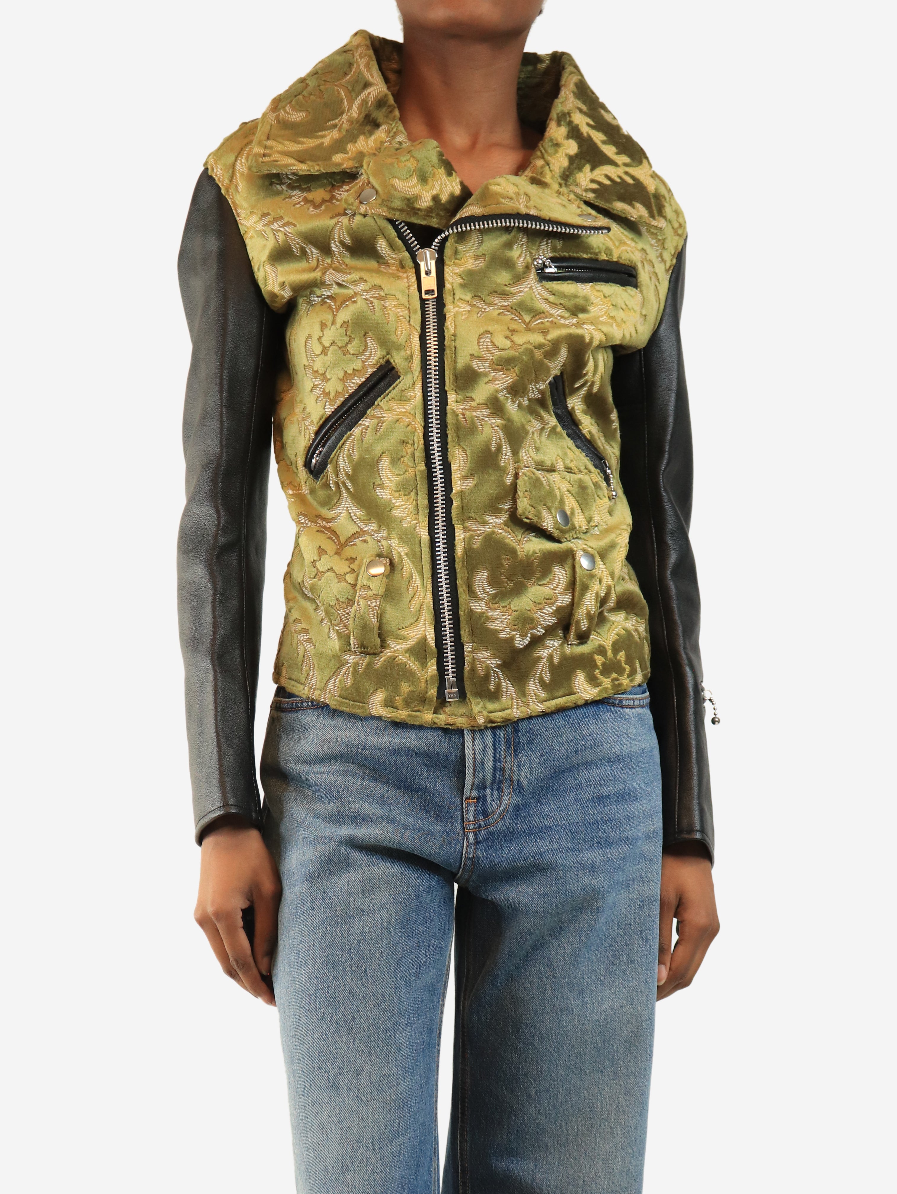 Black and green jacquard faux-leather jacket - size XS