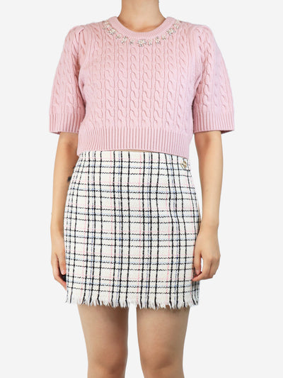 Pink bejewelled cable-knit cropped jumper - size UK 8 Knitwear Love Shack Fancy 
