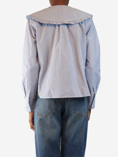 Blue and white ruffle-collar striped shirt - size UK 8