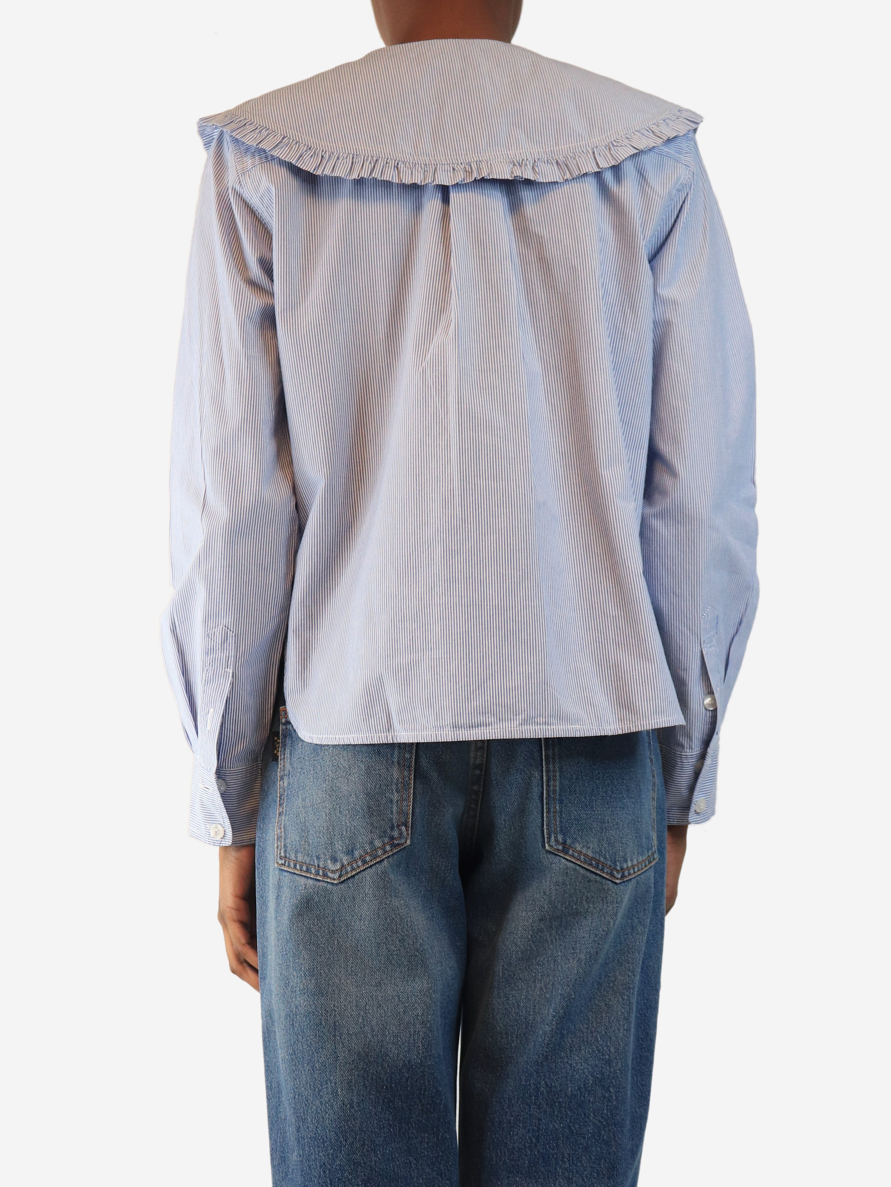Blue and white ruffle-collar striped shirt - size UK 8