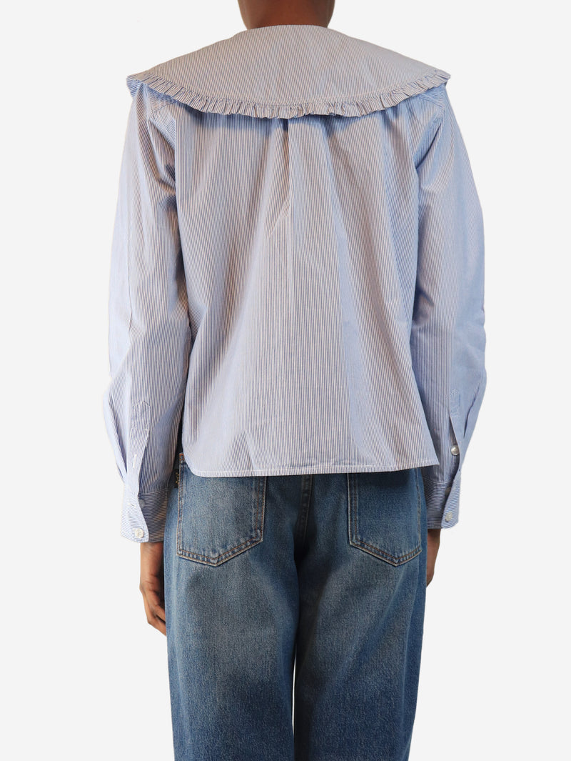 Blue and white ruffle-collar striped shirt - size UK 8