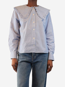 Blue and white ruffle-collar striped shirt - size UK 8 Tops Ganni 