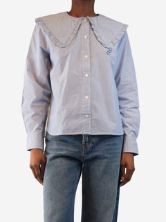 Blue and white ruffle-collar striped shirt - size UK 8
