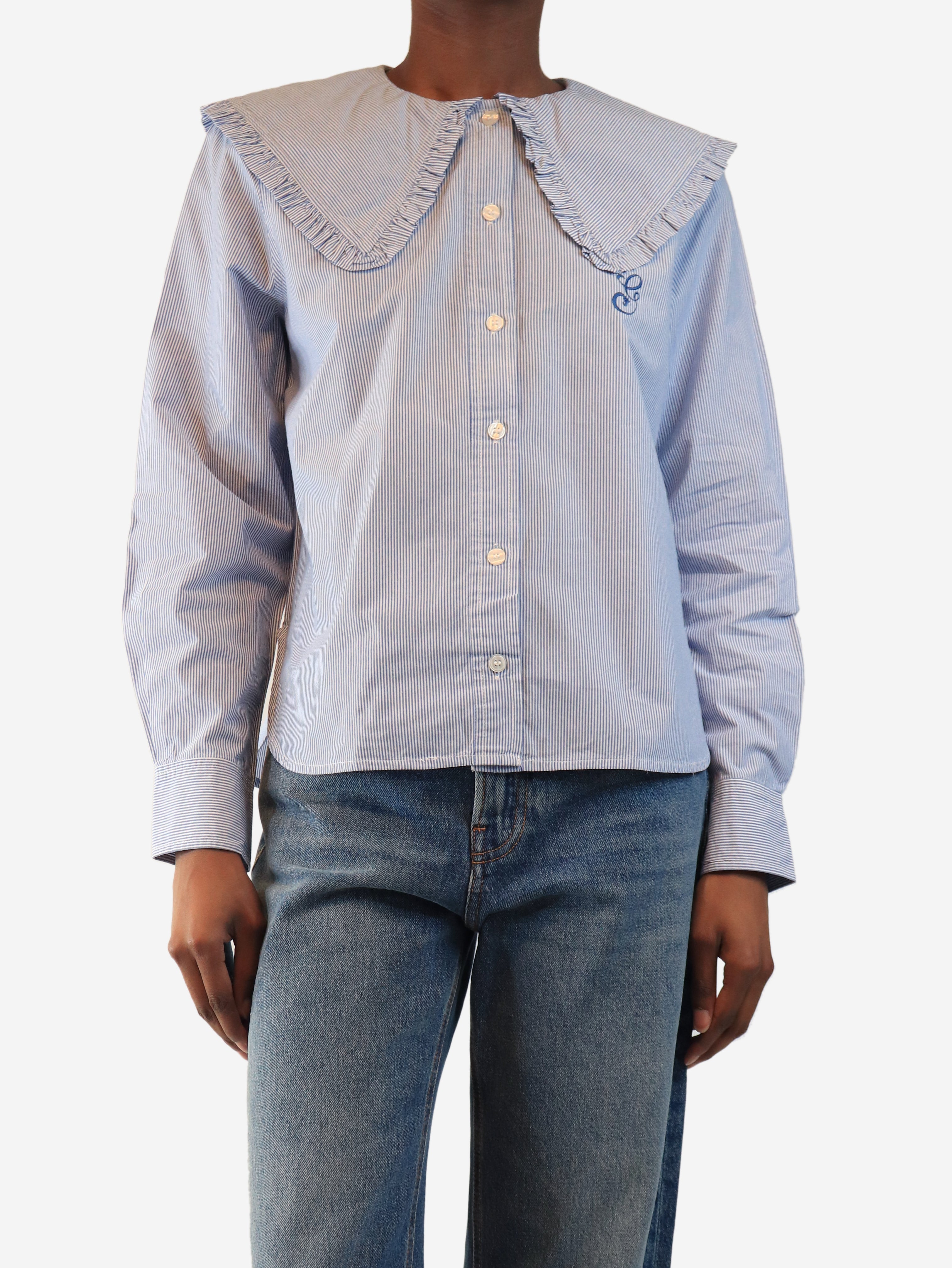 Blue and white ruffle-collar striped shirt - size UK 8