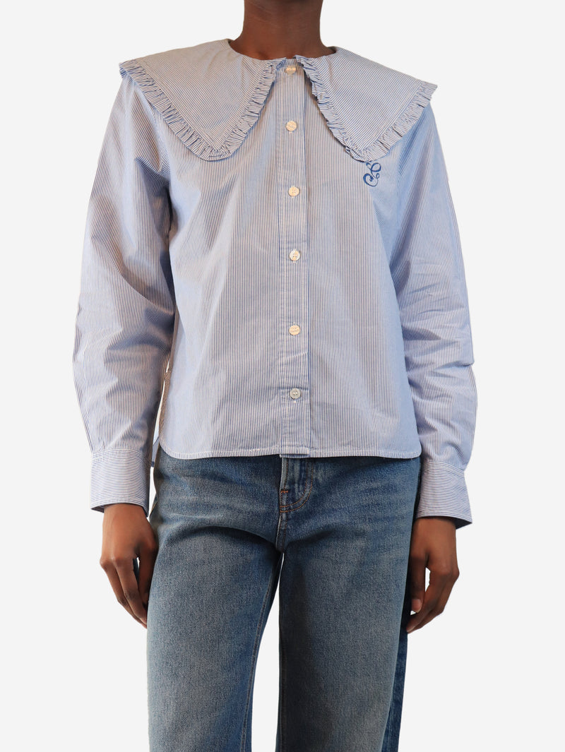 Blue and white ruffle-collar striped shirt - size UK 8