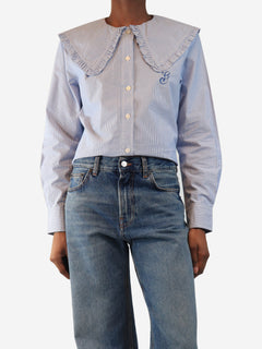 Blue and white ruffle-collar striped shirt - size UK 8