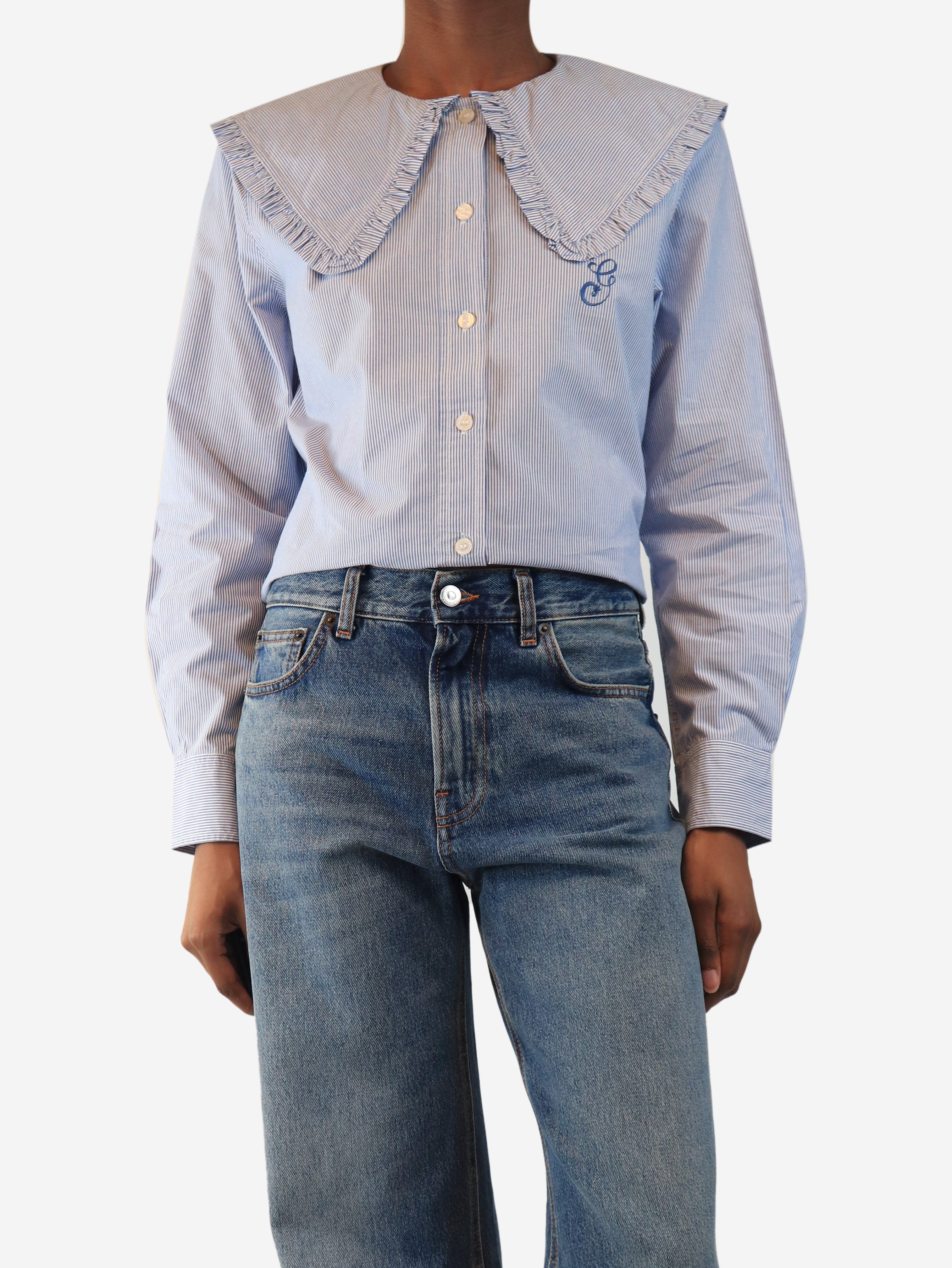 Blue and white ruffle-collar striped shirt - size UK 8