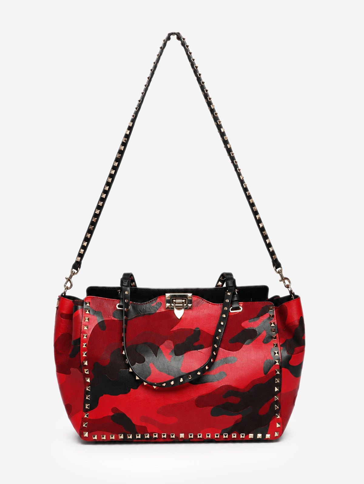 Red camouflage leather and canvas Rockstud tote bag Tote Bags Valentino 