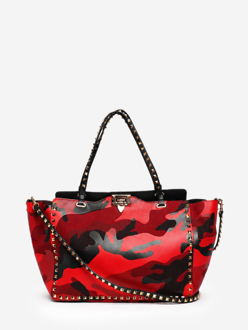 Red camouflage leather and canvas Rockstud tote bag Tote Bags Valentino 