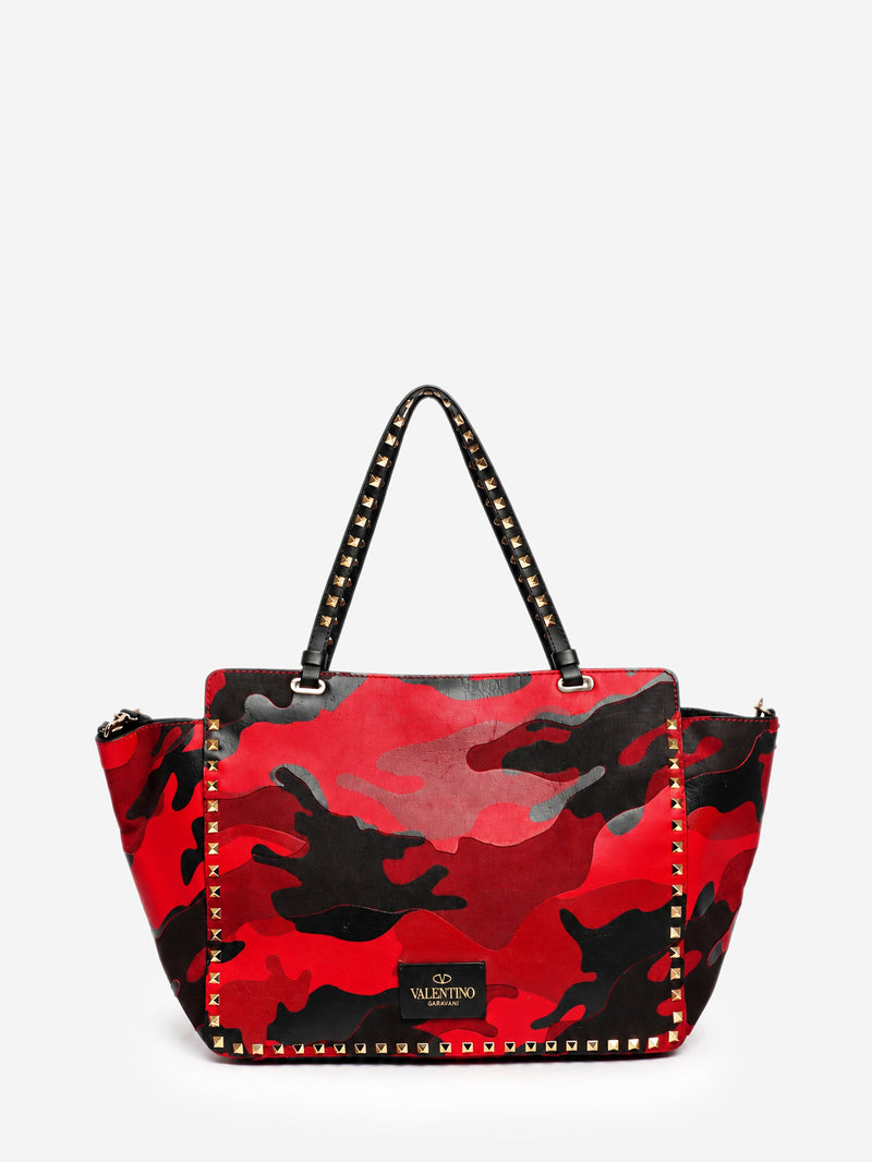 Red camouflage leather and canvas Rockstud tote bag Tote Bags Valentino 