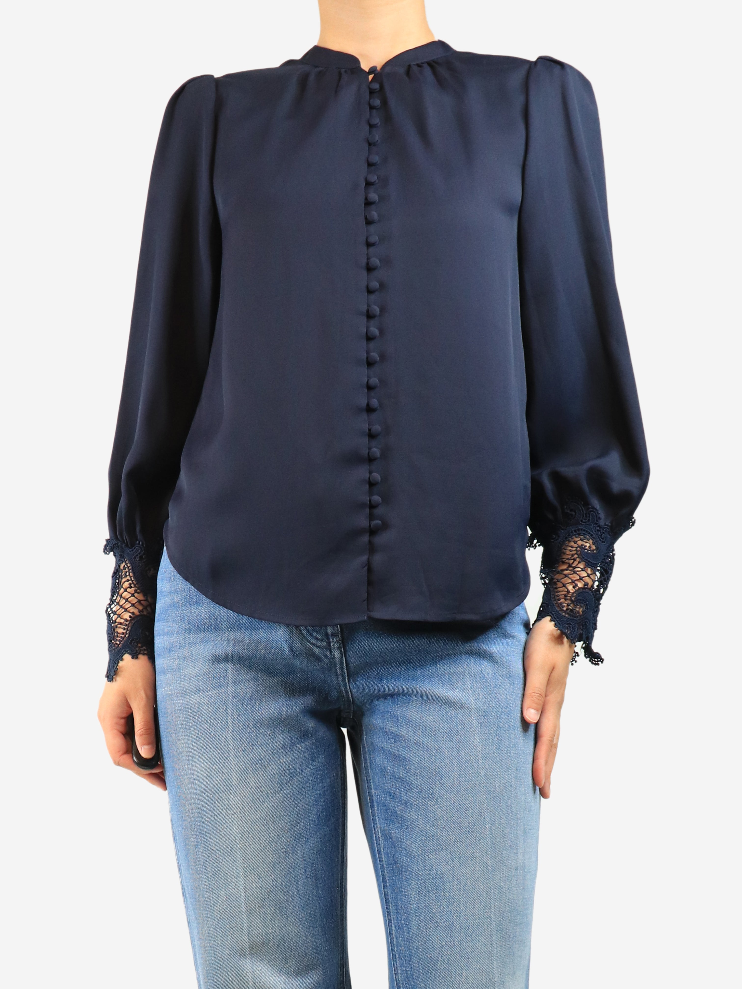 Navy lace cuff blouse - size S