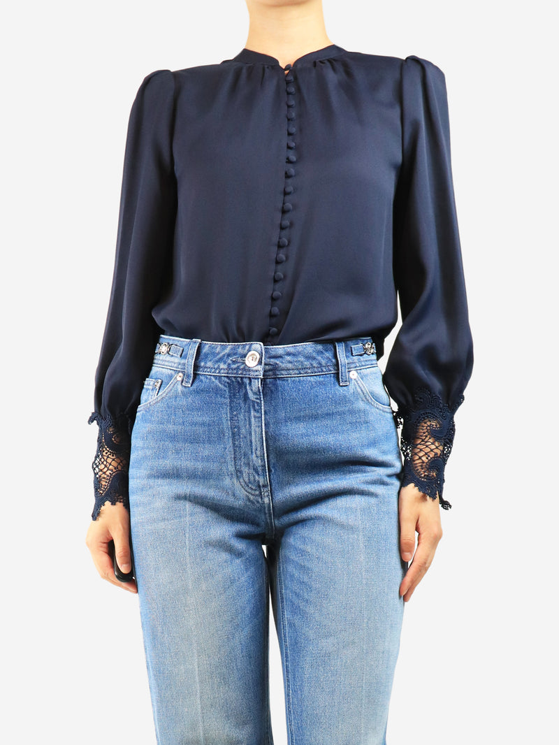 Navy lace cuff blouse - size S