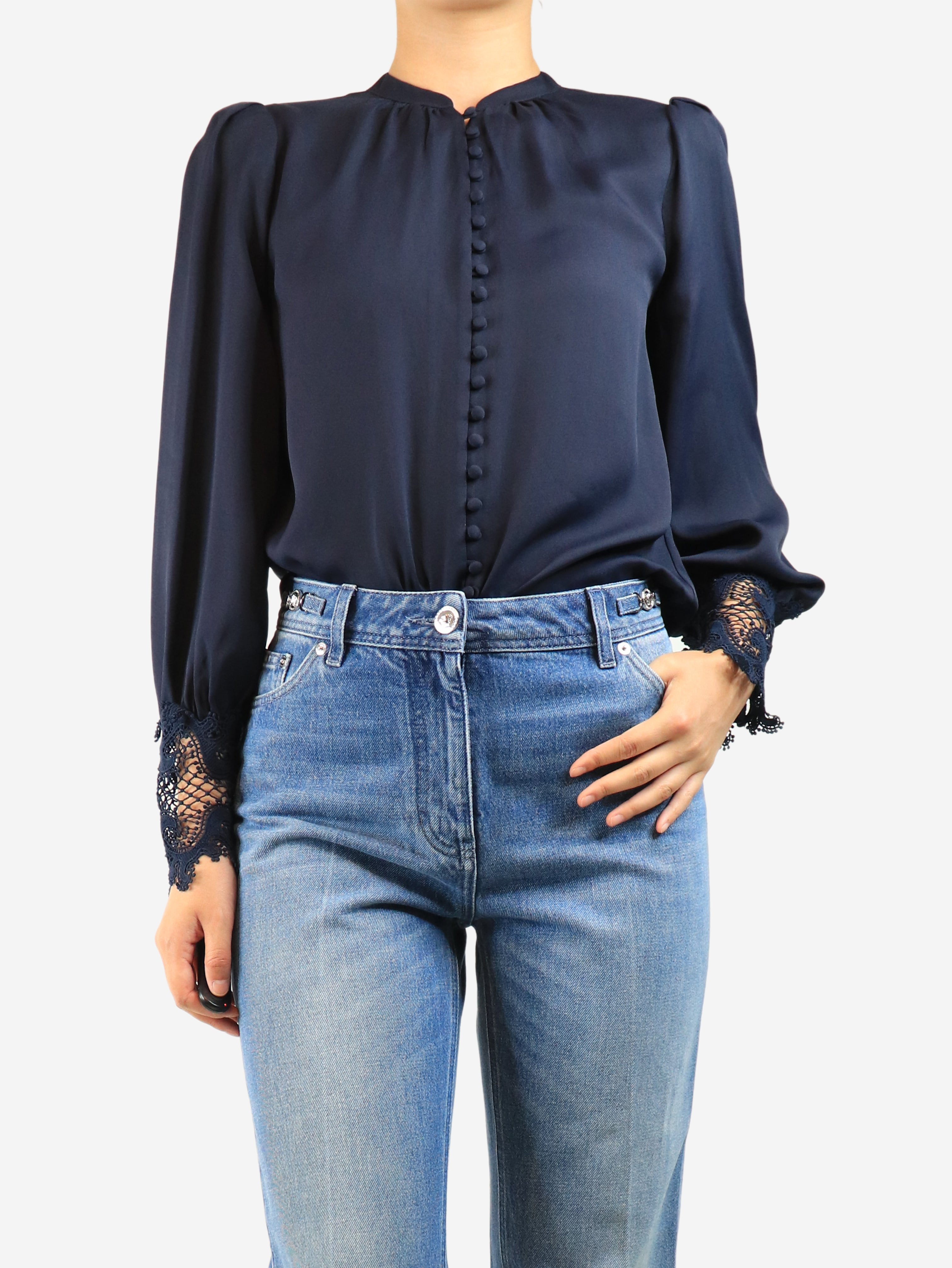 Navy lace cuff blouse - size S