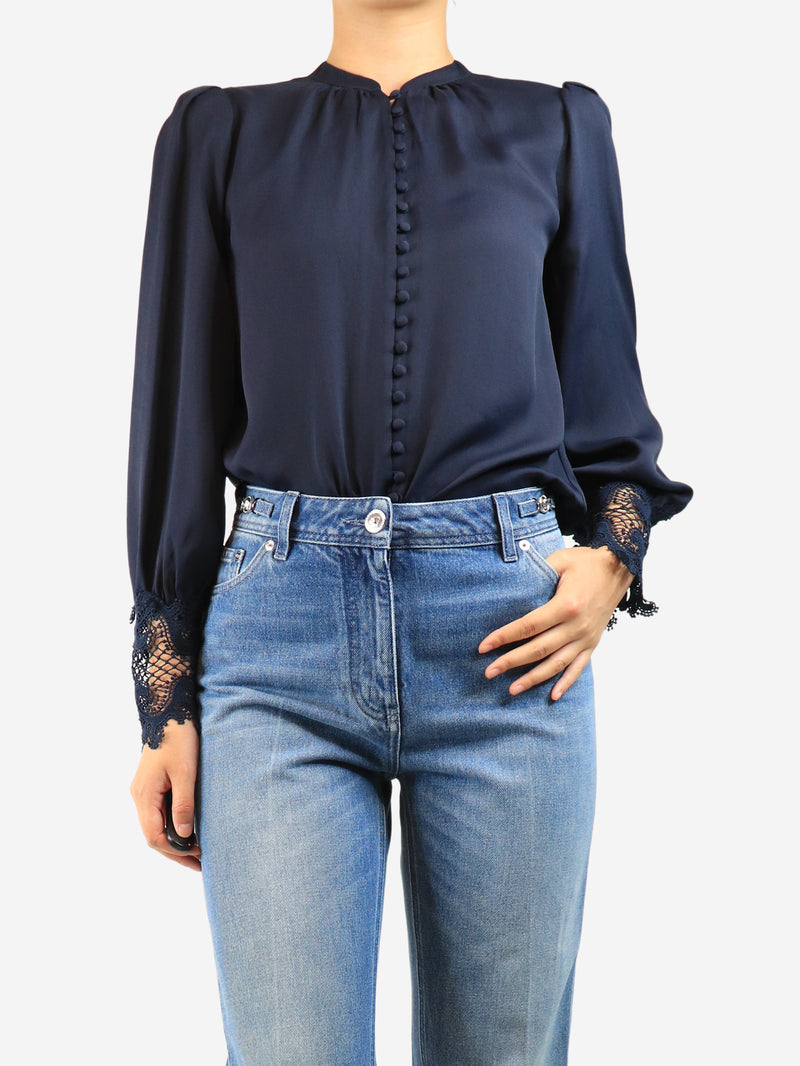Navy lace cuff blouse - size S