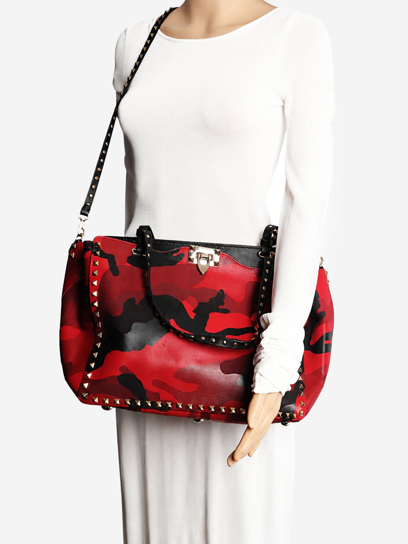 Red camouflage leather and canvas Rockstud tote bag Tote Bags Valentino 