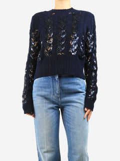 Navy sequined cable-knit sweater - size M