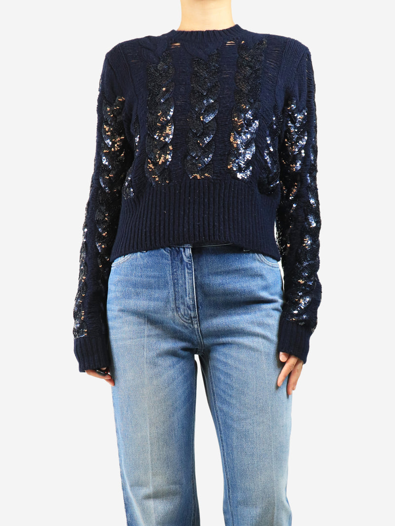 Navy sequined cable-knit sweater - size M