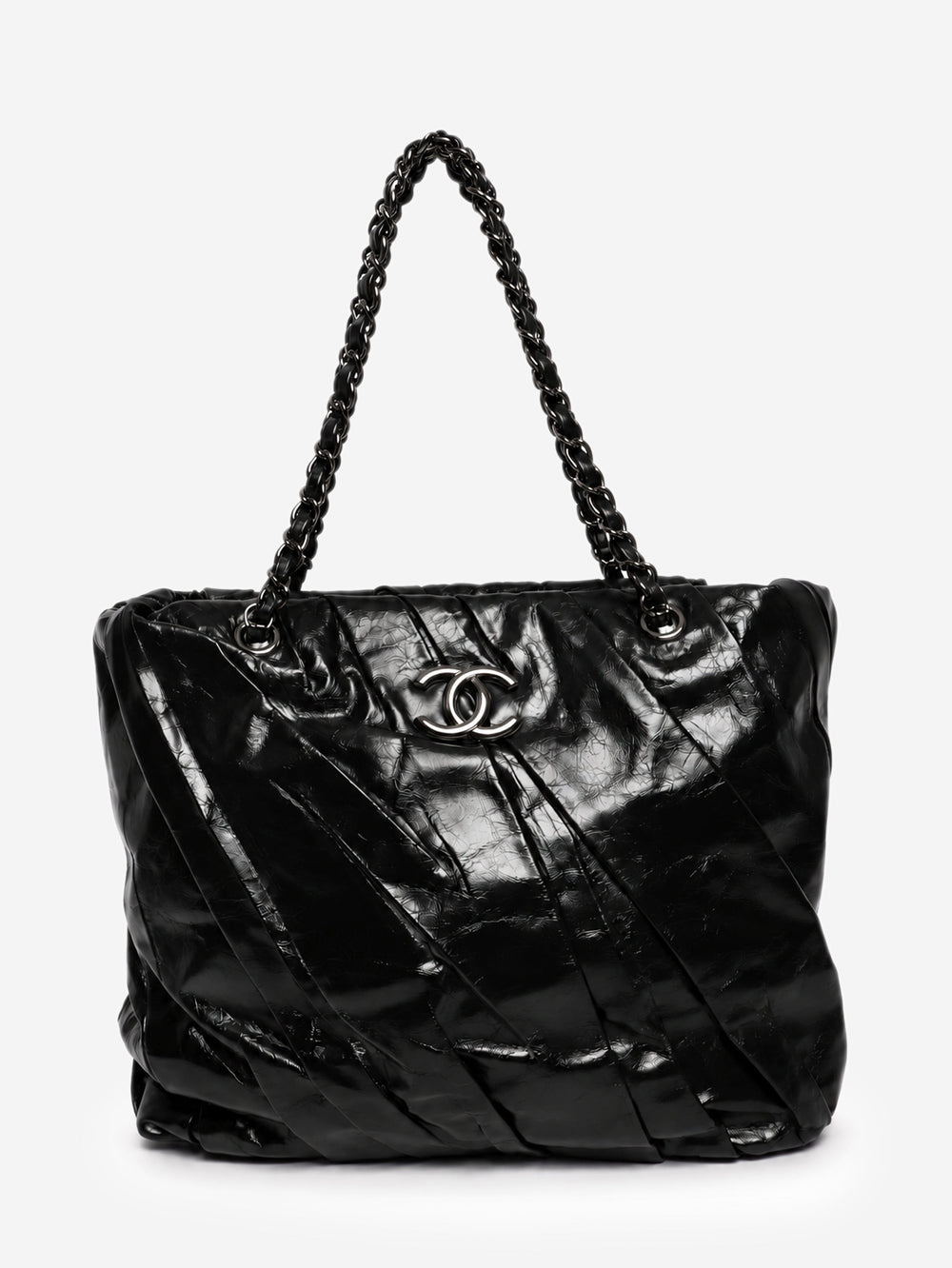 Black glazed leather pleated chain tote bag Shoulder bags Chanel 