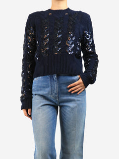 Navy sequined cable-knit sweater - size M