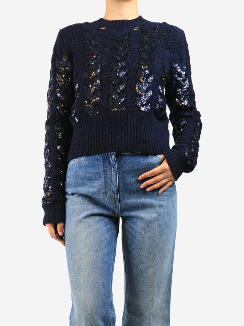Navy sequined cable-knit sweater - size M
