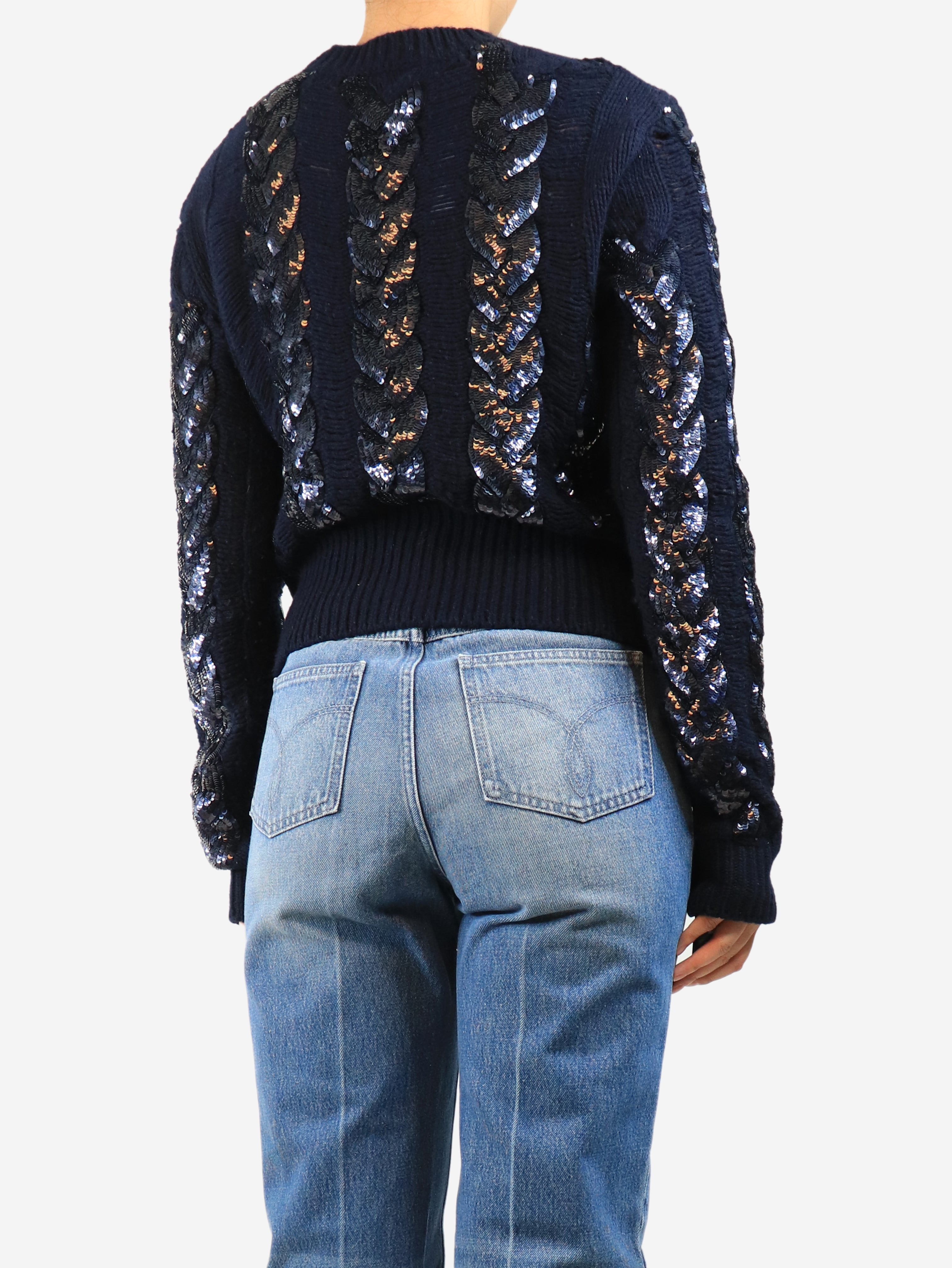 Navy sequined cable-knit sweater - size M