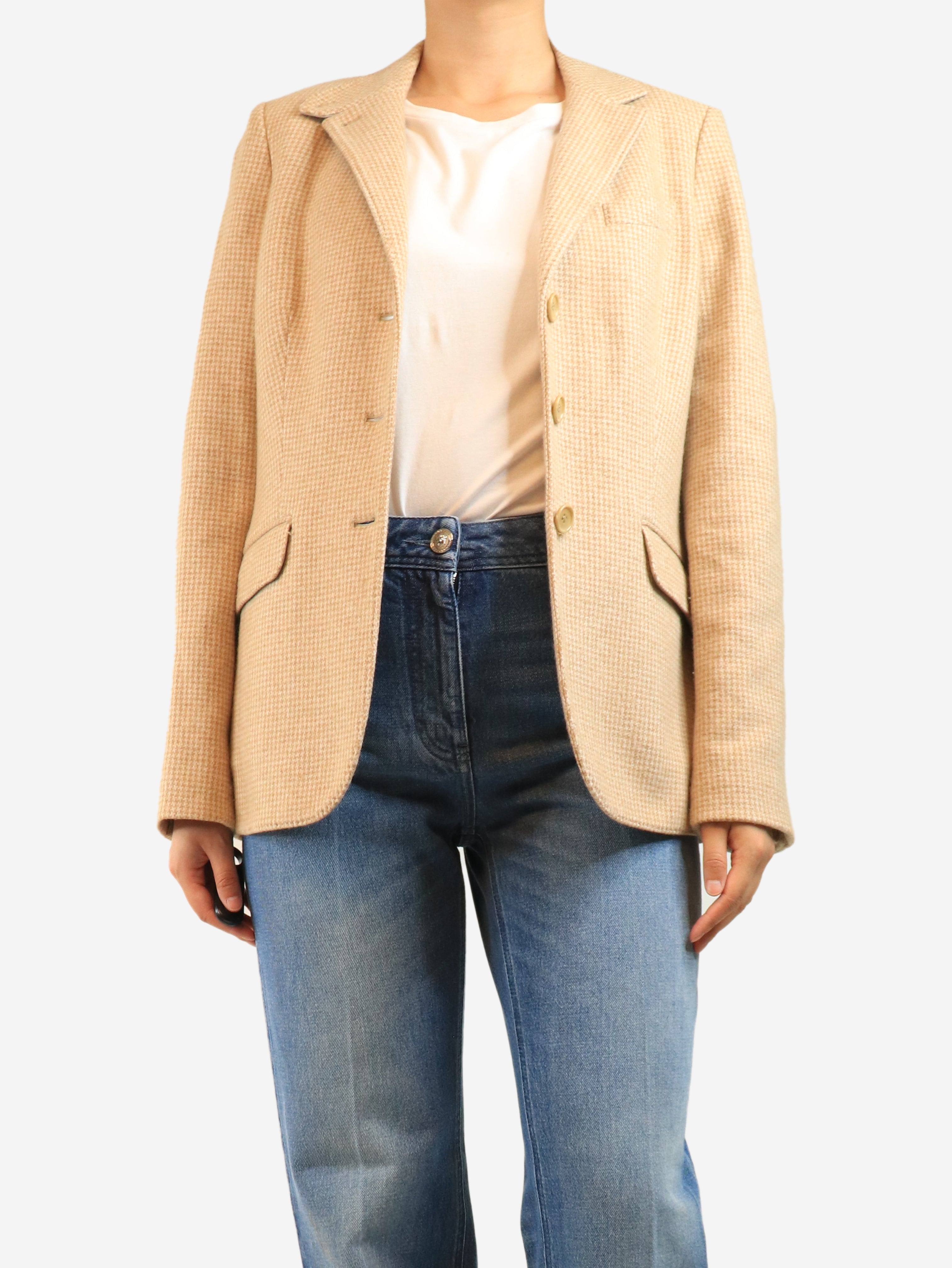 Tan and white houndstooth blazer - size UK 14