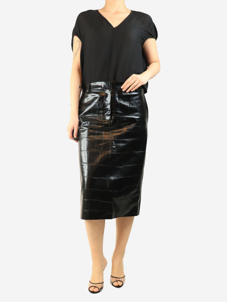 Black croc-embossed faux-leather midi skirt - size UK 10 alternate image