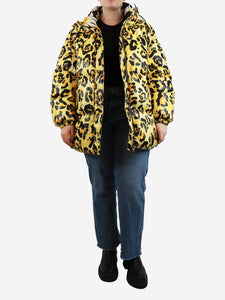 Moncler Genius Yellow leopard print hooded puffer jacket - size UK 12