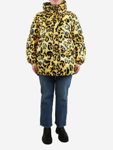 Moncler Genius Yellow leopard print hooded puffer jacket - size UK 12