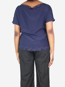 Max & Moi Navy blue silk lace-trimmed top - size UK 12