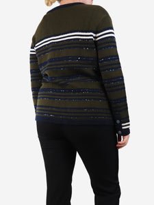 Chanel Khaki and navy sequin embellished cashmere cardigan - size UK 12