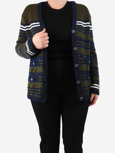 Chanel Khaki and navy sequin embellished cashmere cardigan - size UK 12